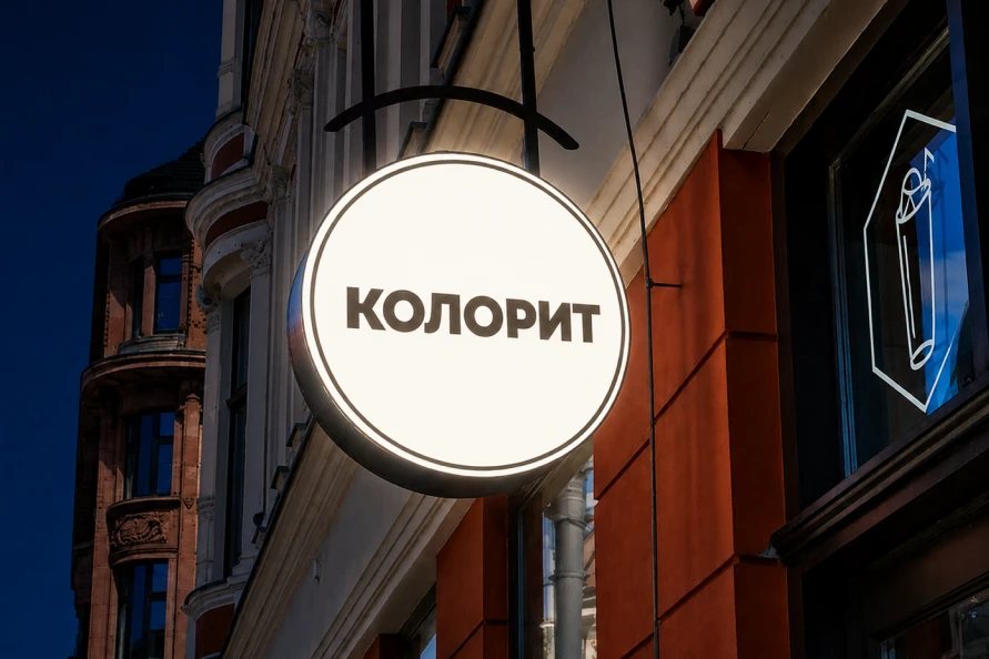 Световая вывеска на фасаде ночью